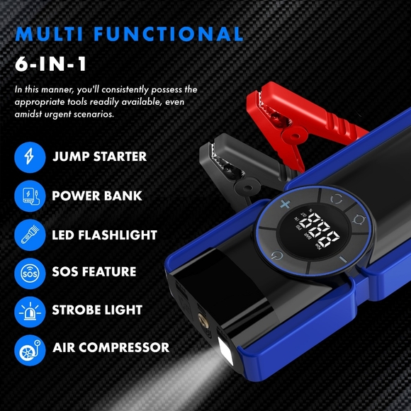 4 in One Portable Car Jump Starter 20000mAh with Air Compressor 12V Tire Inflato - Picture 6 of 9